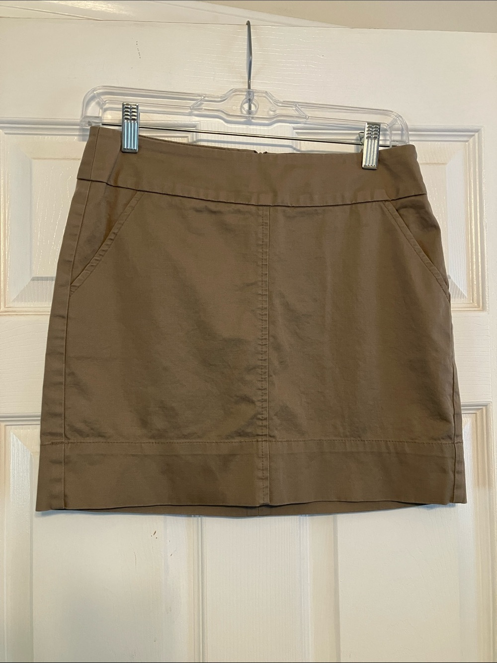 Trina Turk Los Angeles cotton linen taupe tan mini skirt summer slant pockets 2